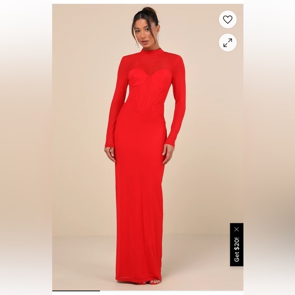 NWT LULUS RED SENSATIONAL APPEAL RED MESH CUTOUT LONG SLEEVE MAXI DRESS- SKU:307 - Picture 1 of 4